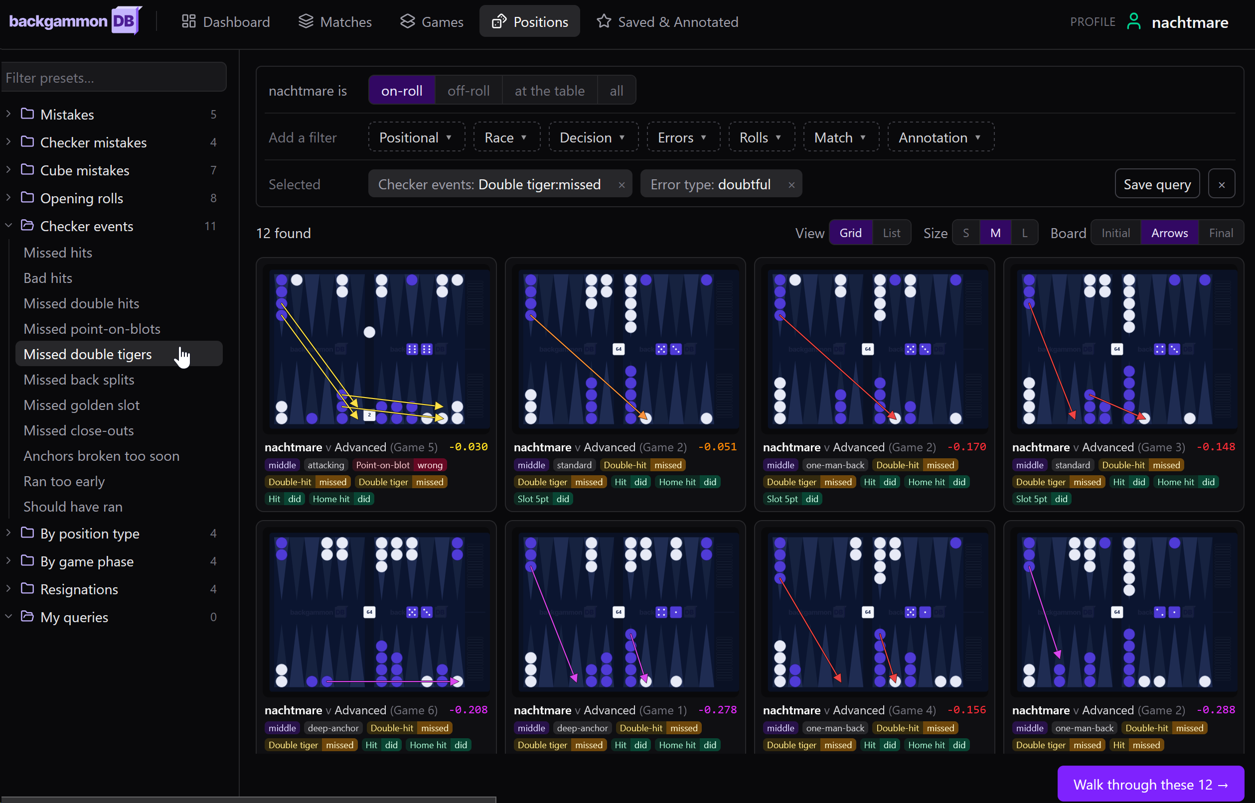 A demo of the positions browser - reviewing all positions where hero made a mistake missing a double tiger