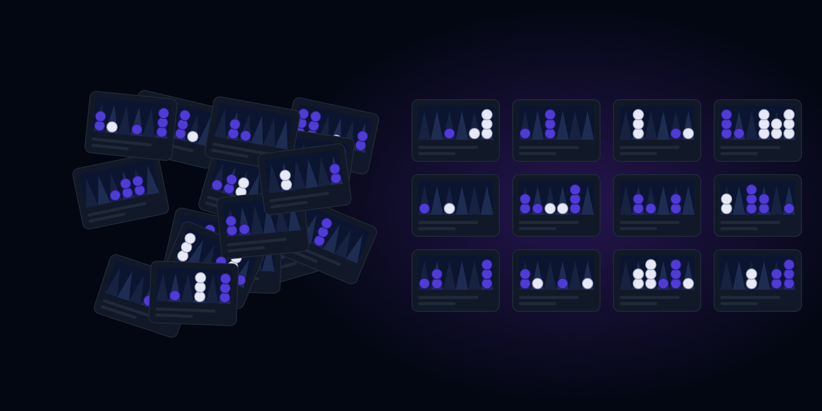 A loose pile of position cards becoming a tidy grid