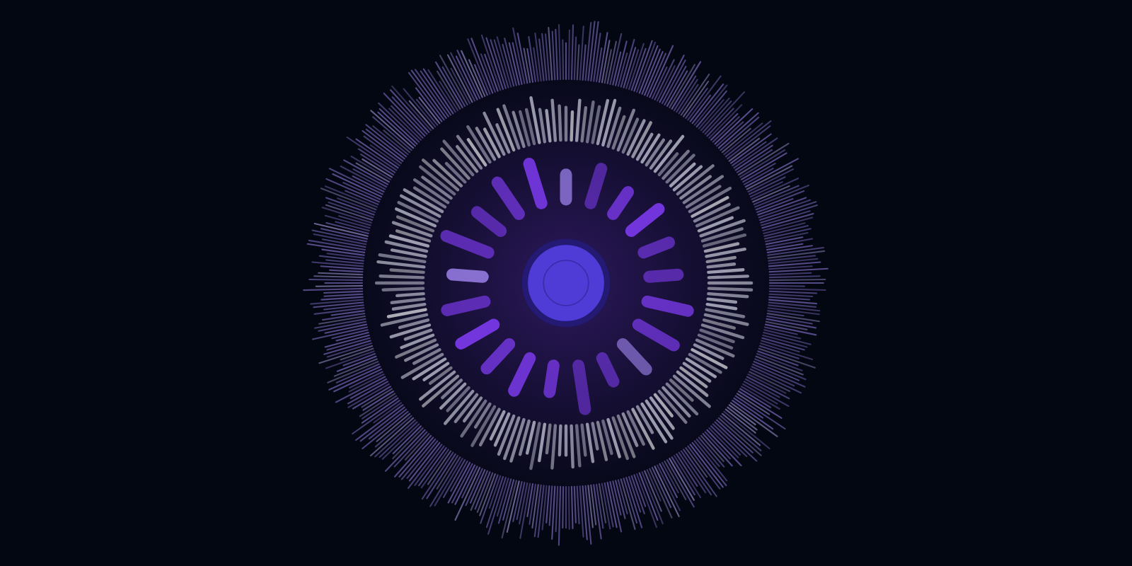 Concentric rings of violet and ivory bars radiating from a single checker, one ring for each of the first three rolls