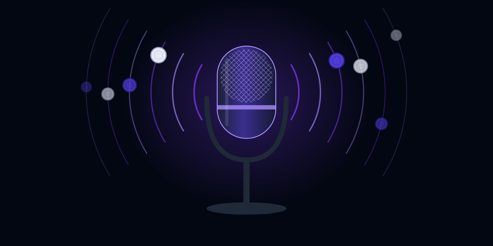 A studio microphone with sound waves rippling out into backgammon checkers
