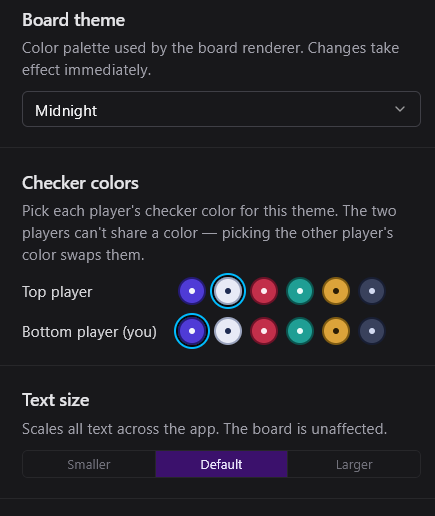 Settings for checker colors and text size